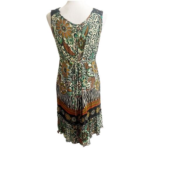 Forbidden Safari Print Dress Midi Size Medium Studded Neckline Tan Black Hippie - Picture 2 of 13